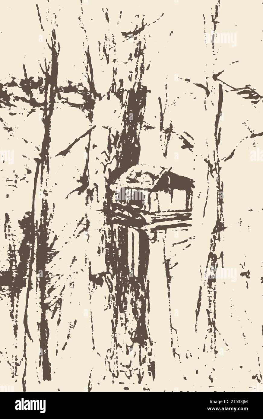 Vogelfutter auf einem Baum. Vektorgrafik von Hand gezeichnet. Schlampiger Grunge-Style mit Doodle Stock Vektor