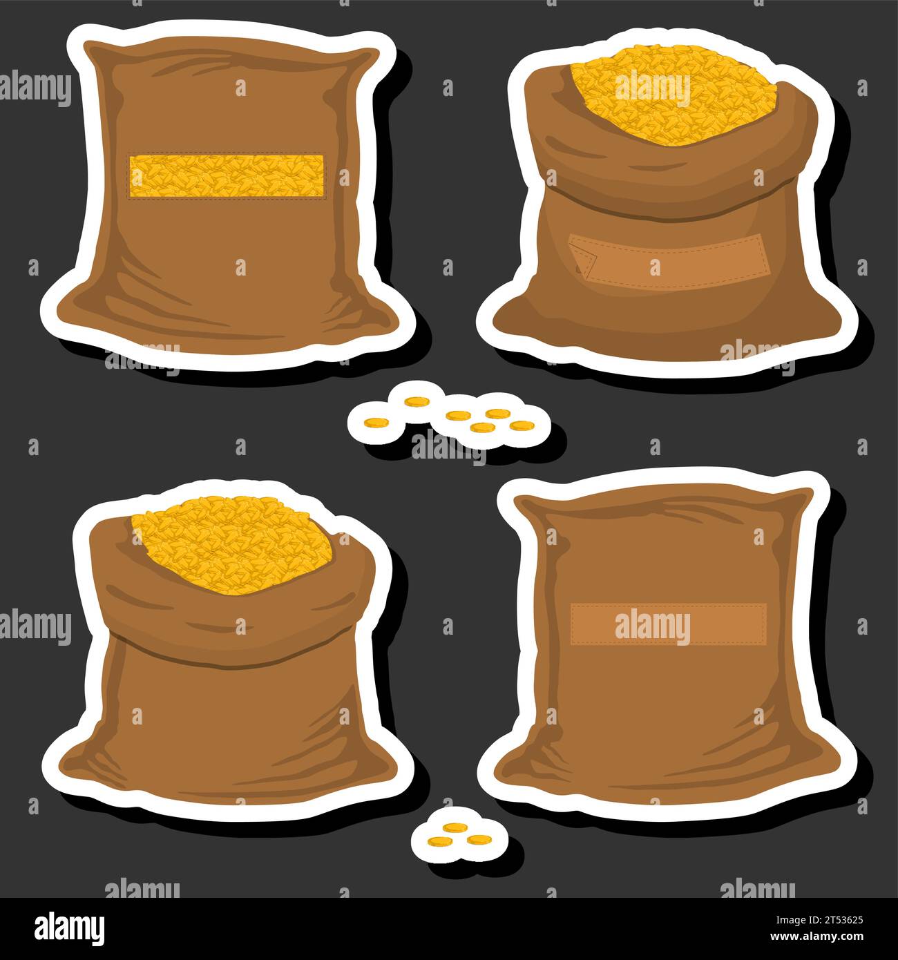 Illustration zum Thema großes farbiges Set verschiedene Typen Taschen, voller Beutel mit Münzen, Sackmuster bestehend aus Sammelhaufen goldener Münzen auf offenen Taschen, Stock Vektor