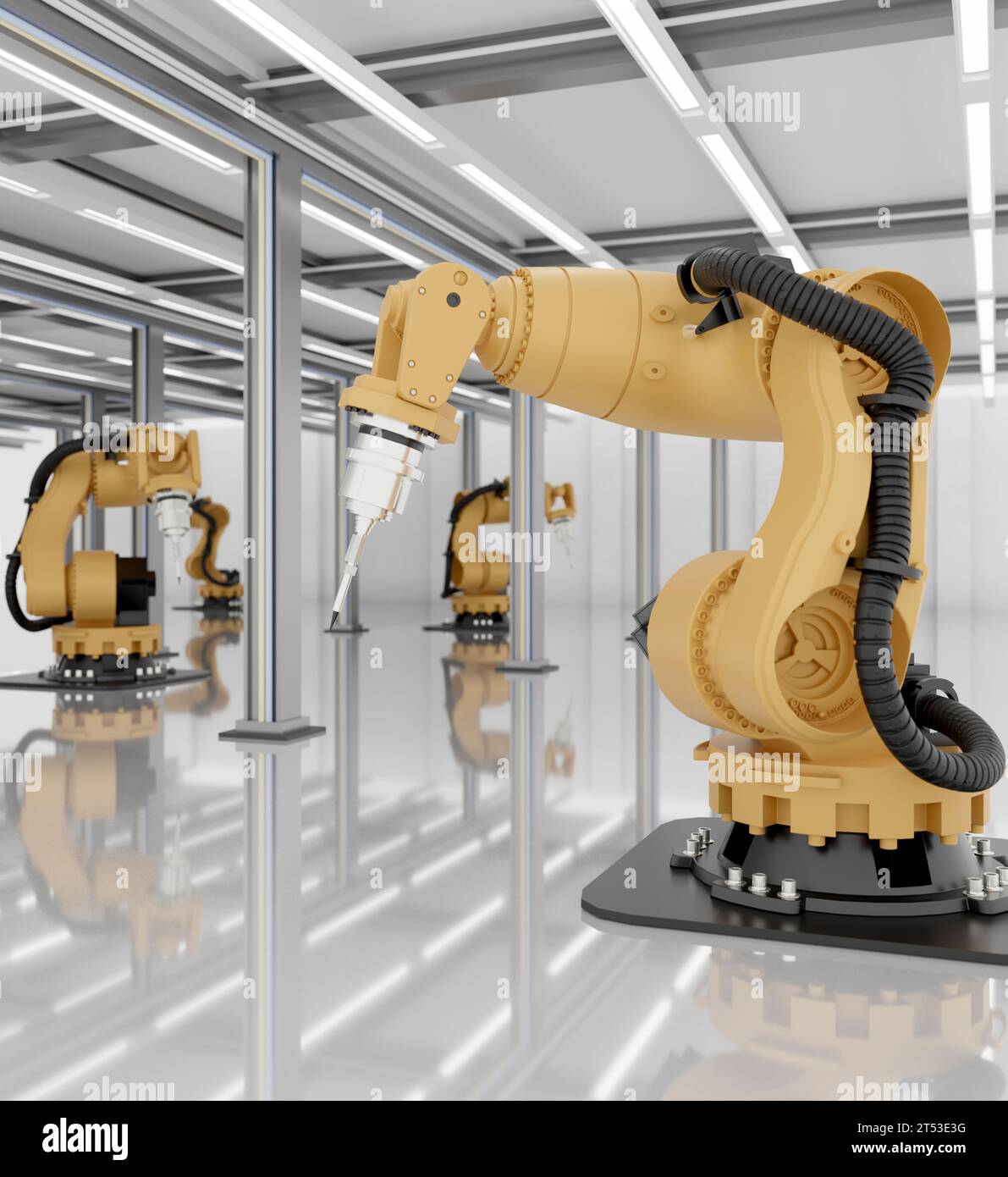 Moderne Roboterarme oder mechanische Arme in einer modernen High-Tech-Fabrik. Digitale Fertigung. Industriemaschinen, intelligente Fabrikindustrie. 3d r Stockfoto