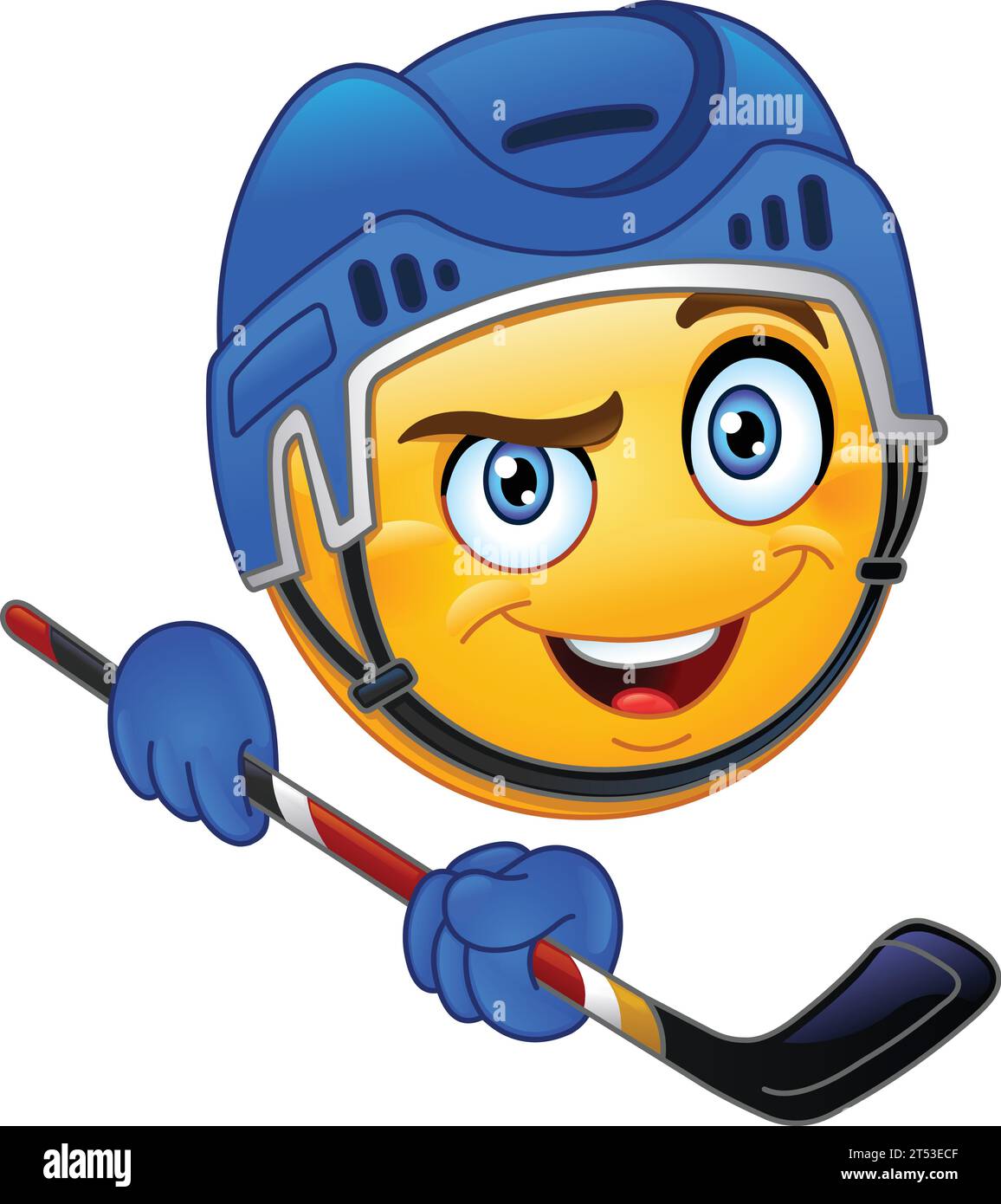 Glücklicher Hockey-Emoji-Emoticon-Spieler in einem Helm, der einen Stock hält Stock Vektor