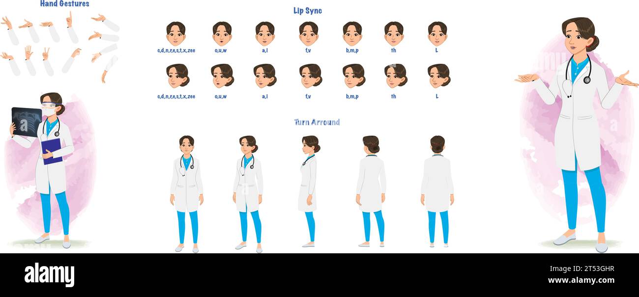 Ein Modellblatt für Radiologen. Weibliche Ärzteschleife. Handgesten des Arztes, Lippensynchronisierung Stock Vektor