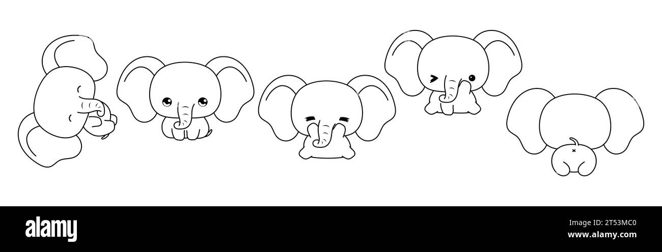 Set der Malseite für isolierte Elefanten von Kawaii. Sammlung von niedlichen Vektor Cartoon Baby Tier Outline für Aufkleber, Baby Dusche, Malbuch, Drucke Stock Vektor