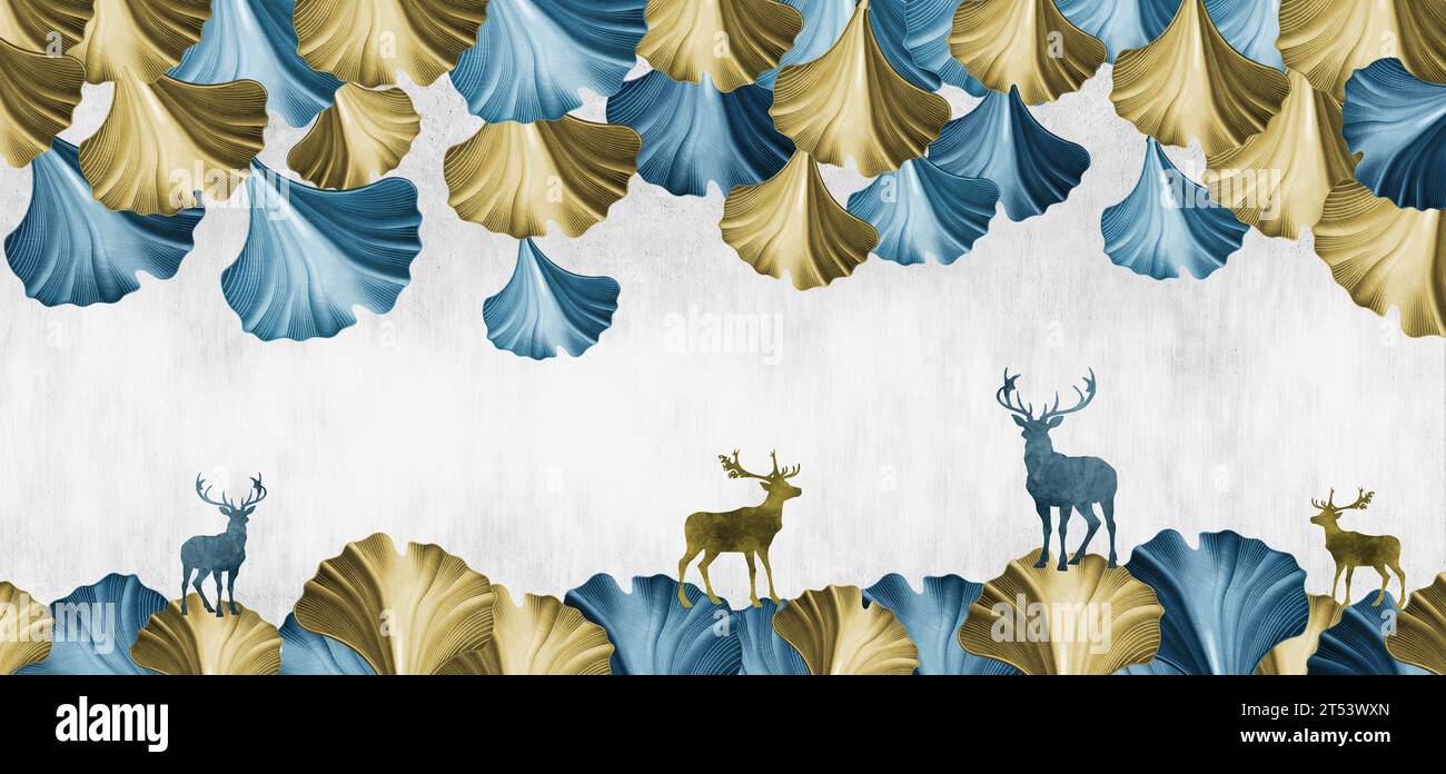 Helle, moderne Wandtapete mit Leinwandkunst. goldener und blauer ginko biloba auf weißem Marmorhintergrund. Berge, Wolken und Hirsche Stockfoto