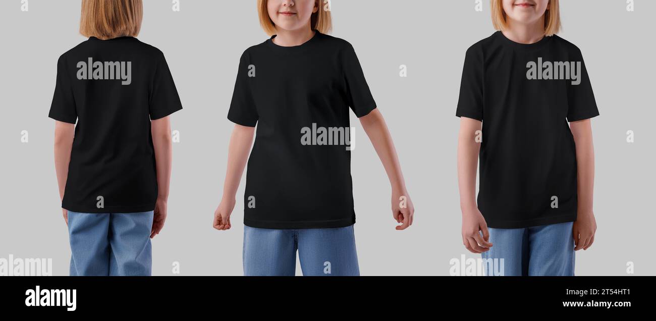 Mockup eines schwarzen T-Shirts auf einem Mädchen in Jeans, Kinderkleidung, vorne, hinten. Set Hemden für das Kind. Vorlage für modische Kleidung isoliert auf Ba Stockfoto