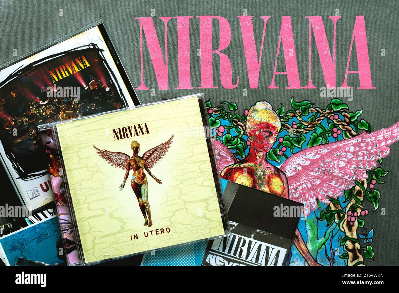 CDs der amerikanischen Alternative-Rock-Gruppe Nirvana auf einem T-Shirt mit Nirvana-Logo. Illustrativer Leitartikel Stockfoto