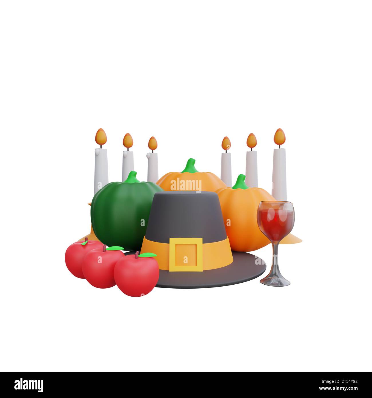 3D-Rendering eines Thanksgiving-Herzstücks mit Pilgerhut, Kürbissen, Kerzen und Äpfeln Stockfoto