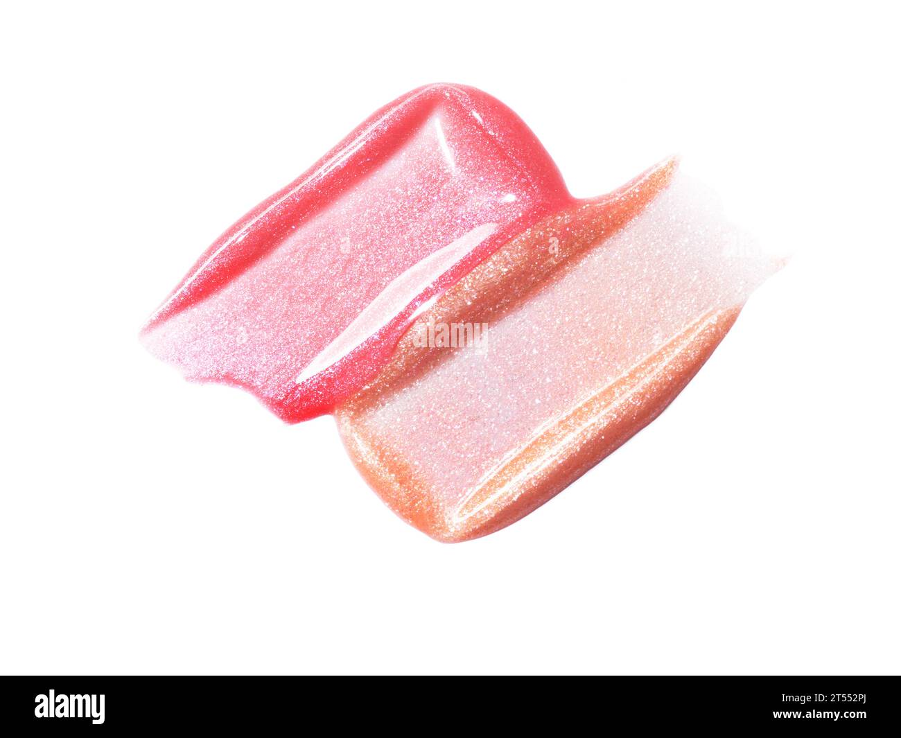 Lippenglanz-Textur-Zusammensetzung aus Pink Gold isoliert auf weißem Hintergrund. Kosmetikabstriche Stockfoto