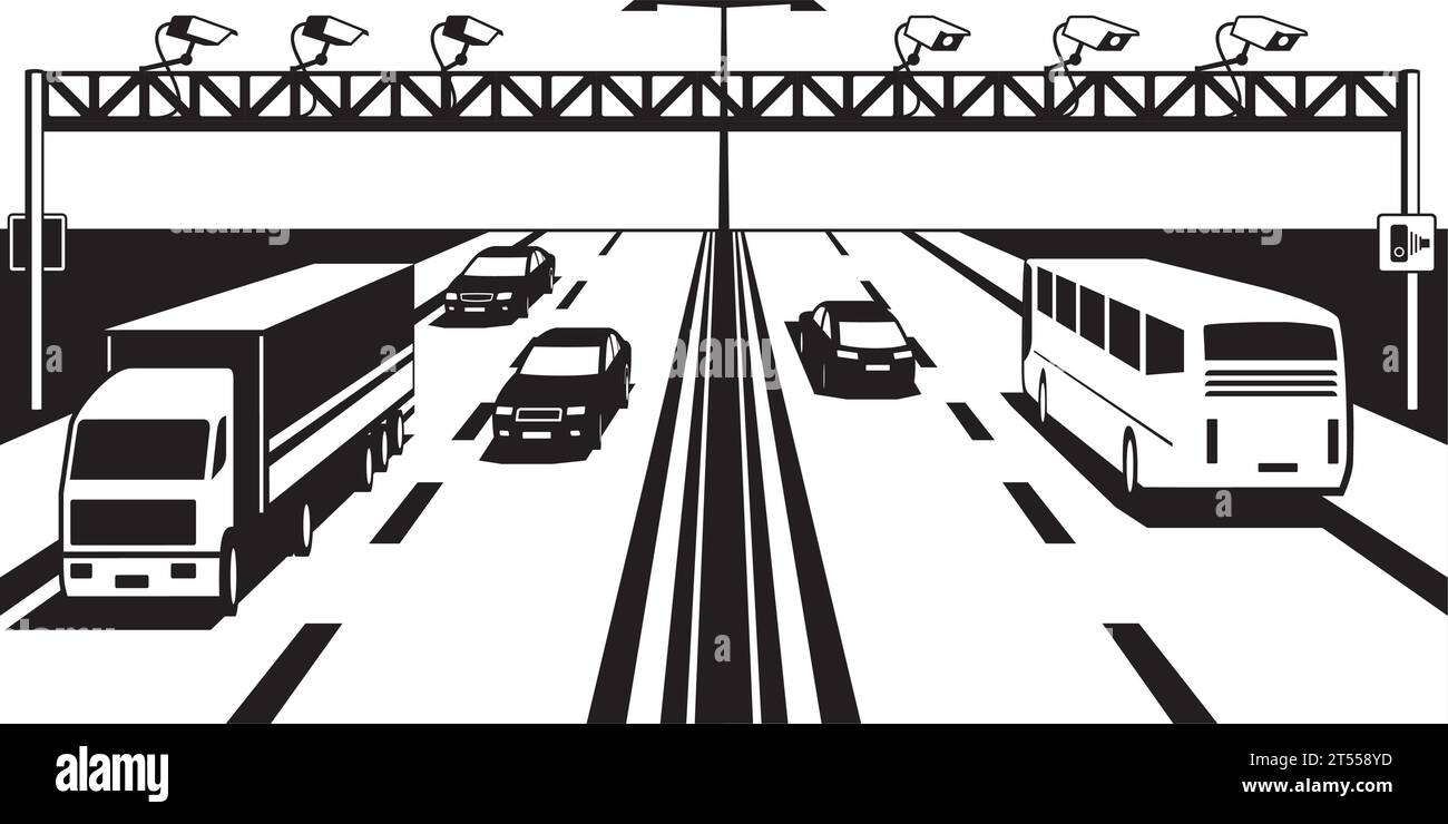 Verkehrsdurchsetzungskameras auf der Autobahn – Vektordarstellung Stock Vektor