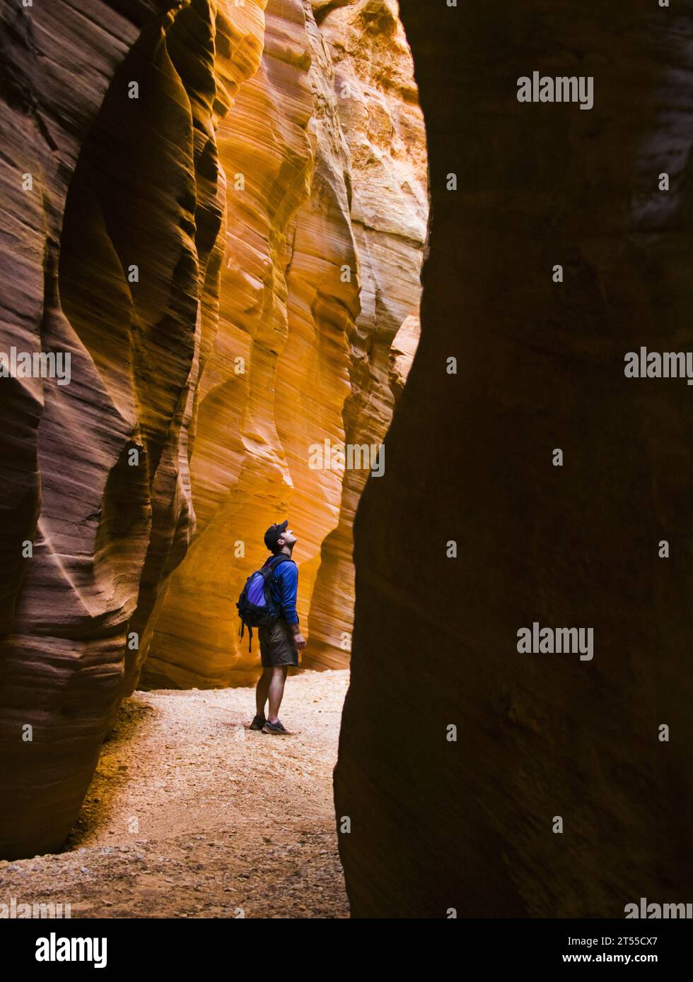 Männlicher Wanderer, der einen schmalen Sandsteinschlucht erkundet. Stockfoto