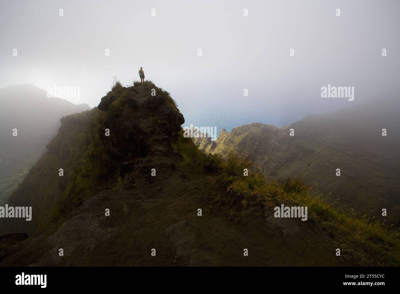 Weibliche Wanderer im Nebel auf einem Berg in der Nähe des Pazifischen Ozeans. Stockfoto