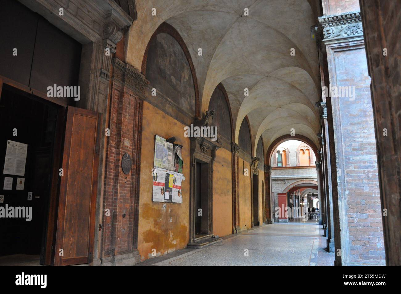 In Bologna besticht ein atemberaubender Säulengang mit leuchtenden Herbsttönen, der eine malerische Szene inmitten des Charmes der Stadt darstellt. Stockfoto