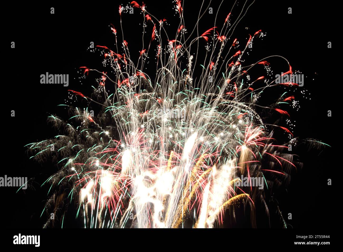 Silbernes, rotes, chaotisches Feuerwerk am schwarzen Nachthimmel Stockfoto