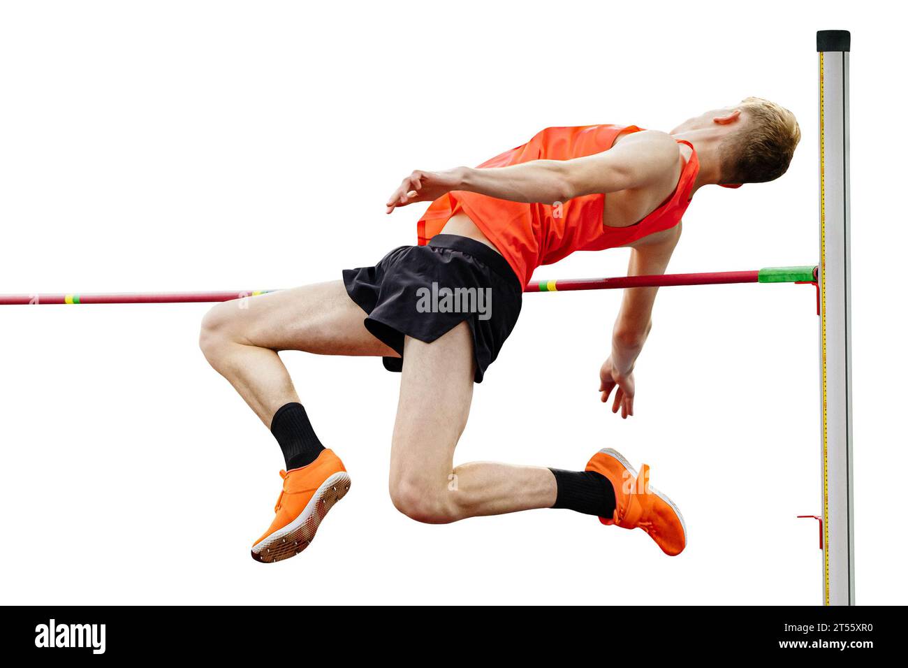 Männlicher Athlet Jumper Hochsprung in Leichtathletik, fosbury Flop Technik, isoliert auf weißem Hintergrund Stockfoto