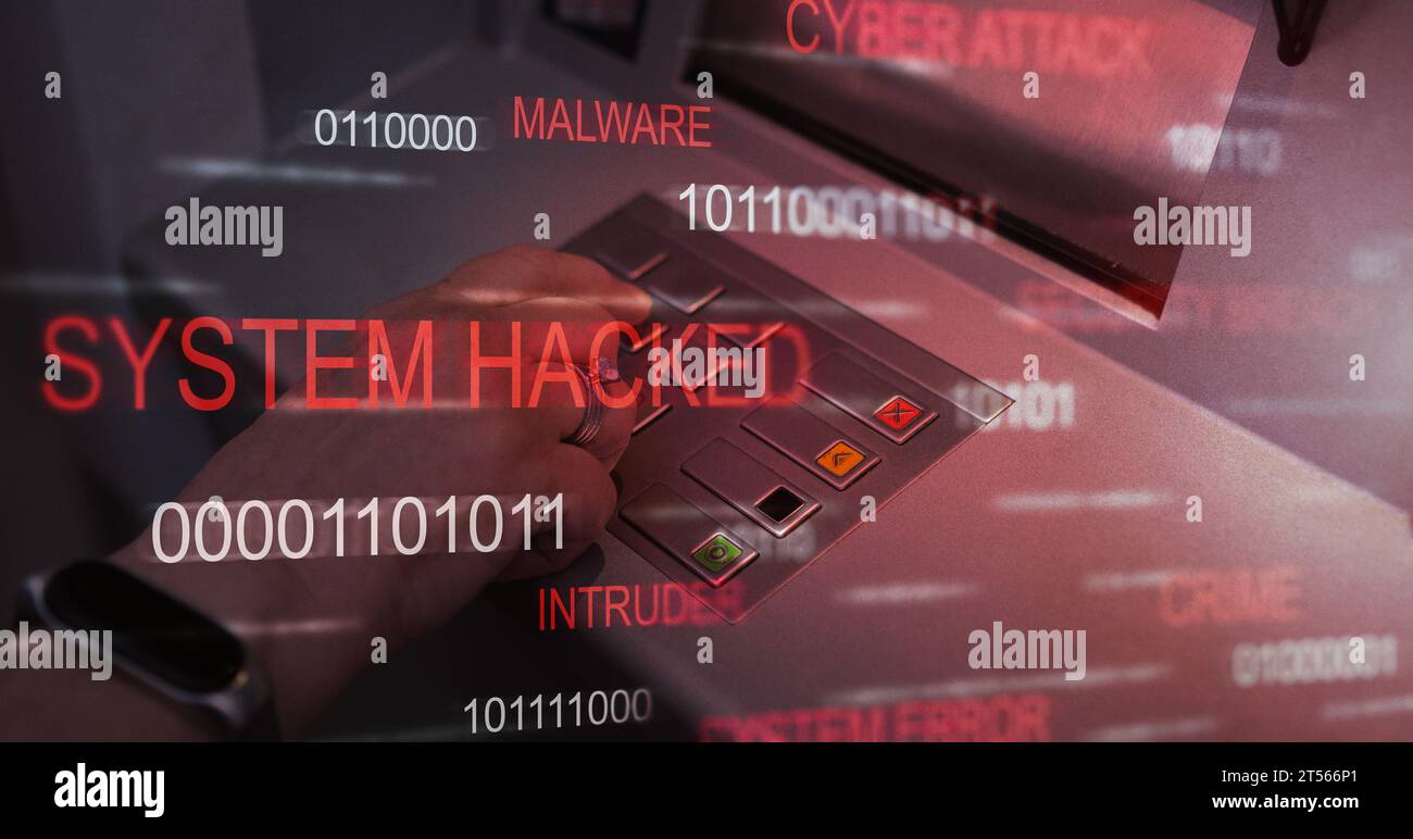 Frau, die den Geldautomaten verwendet und die PIN-Sicherheitsnummer mit VR-Cyberattack-Schnittstelle drückt. Cybersicherheit Daten- und Finanzschutz Unternehmenstechnologie. Stockfoto
