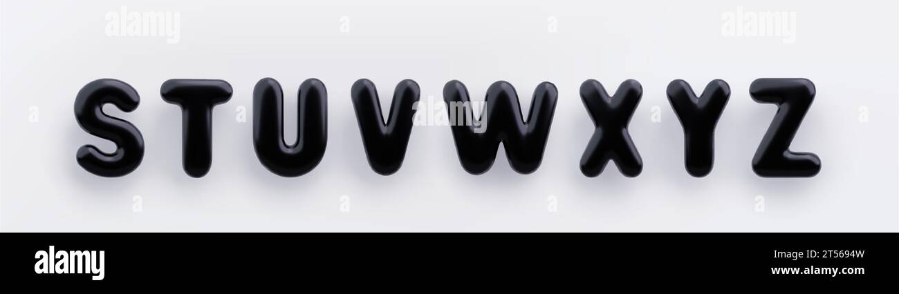 Schwarze 3D-Großbuchstaben S, T, U, V, W, x, Y und Z mit glänzender Oberfläche auf weißem Hintergrund. Stock Vektor