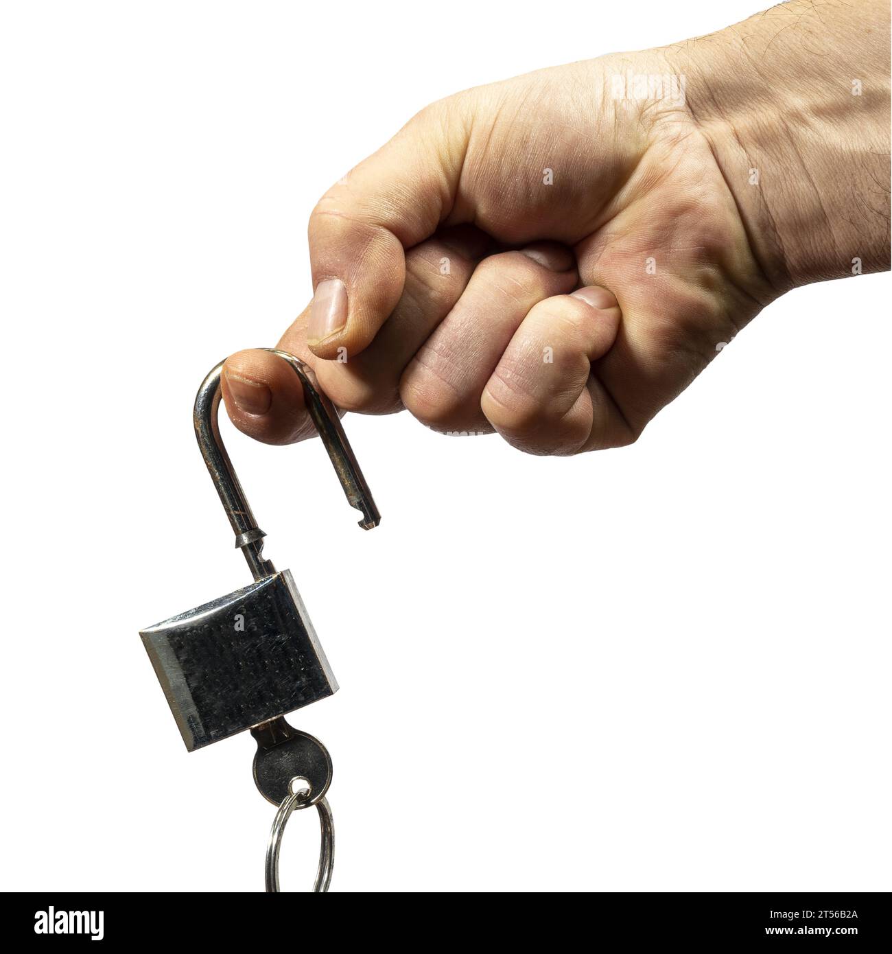 Ein Vorhängeschloss öffnen in einer männlichen Hand Stockfoto