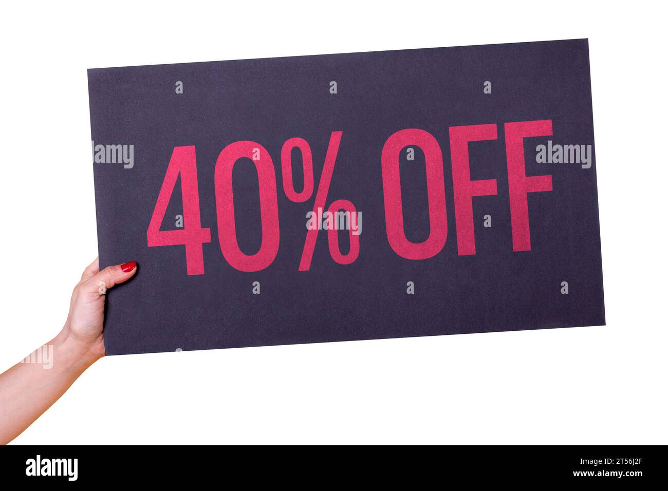 Frauenhand mit 40 % schwarzem Poster auf transparentem Hintergrund. Studio-Aufnahme. Kommerzielles Konzept Stockfoto