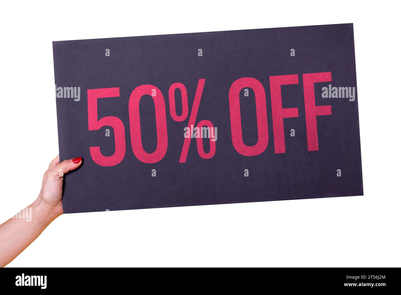Frauenhand mit 50 % schwarzem Poster auf transparentem Hintergrund. Studio-Aufnahme. Kommerzielles Konzept Stockfoto