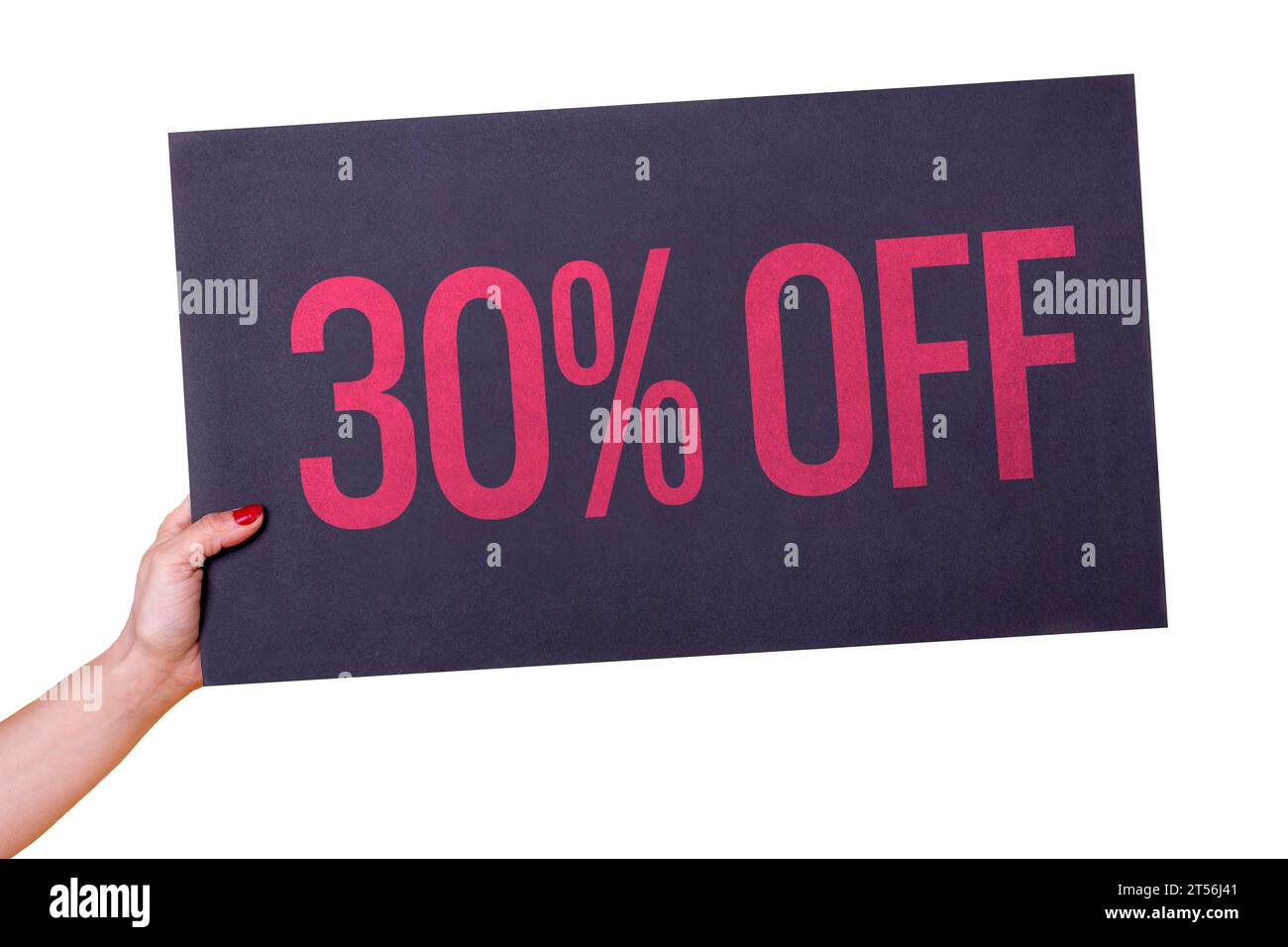 Frauenhand mit 30 % schwarzem Poster auf transparentem Hintergrund. Studio-Aufnahme. Kommerzielles Konzept Stockfoto