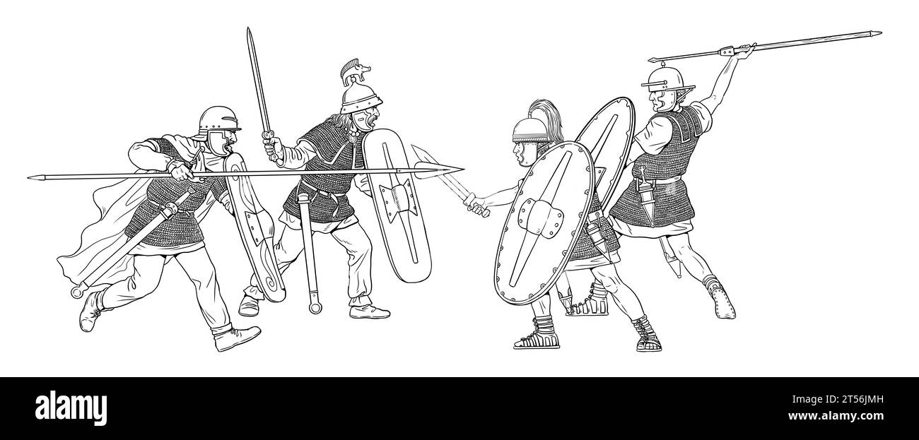 Römische Legionäre gegen die Gallier. Julius Cäsar Gallic War. Historische Zeichnung. Stockfoto