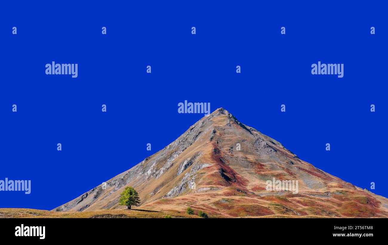 Ein Landschaftsfoto eines Berggipfels und eines einzelnen Baumes in den französischen Alpen am Col du Lautaret, blauer Himmel, Kopierraum, Negativraum, 16:9 Stockfoto