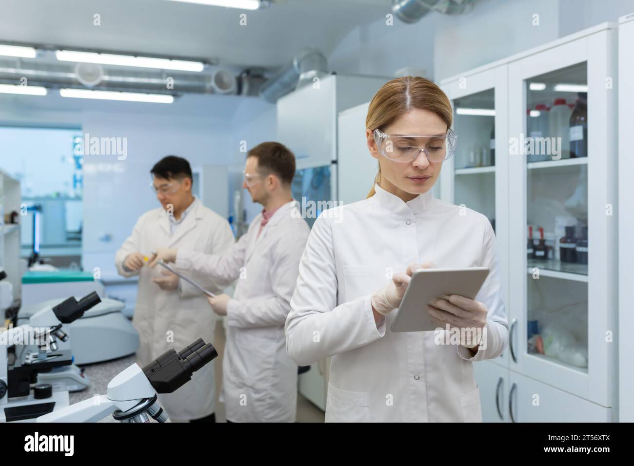 Reife selbstbewusste und ernsthafte denkende Frau im weißen medizinischen Mantel, die mit Tablet-Computer arbeitet, Team von Wissenschaftlern, die im Labor unter Mikroskop am Arbeitsplatz arbeiten. Stockfoto