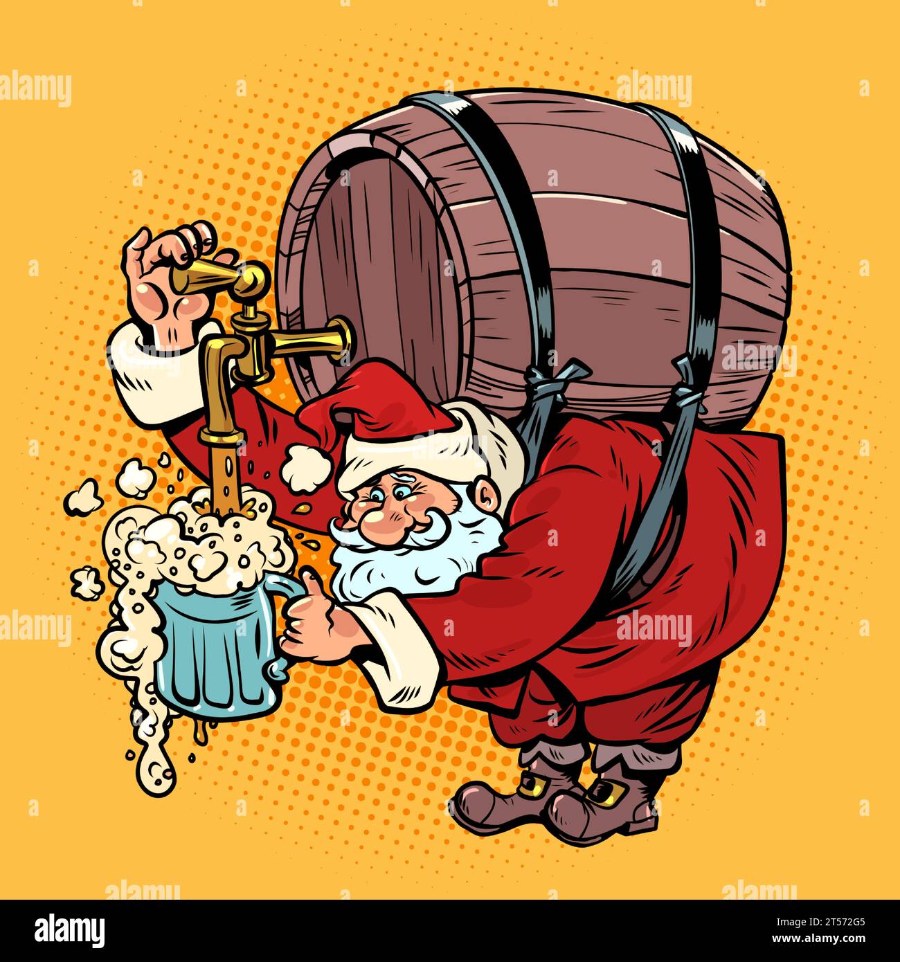 Saisonale alkoholische Getränke für den Winter. Der Weihnachtsmann gießt sich ein Glas Bier oder Bier mit Schaum aus einem Fass. Weihnachtsfeier in einer Bar oder einem Pub. Stock Vektor