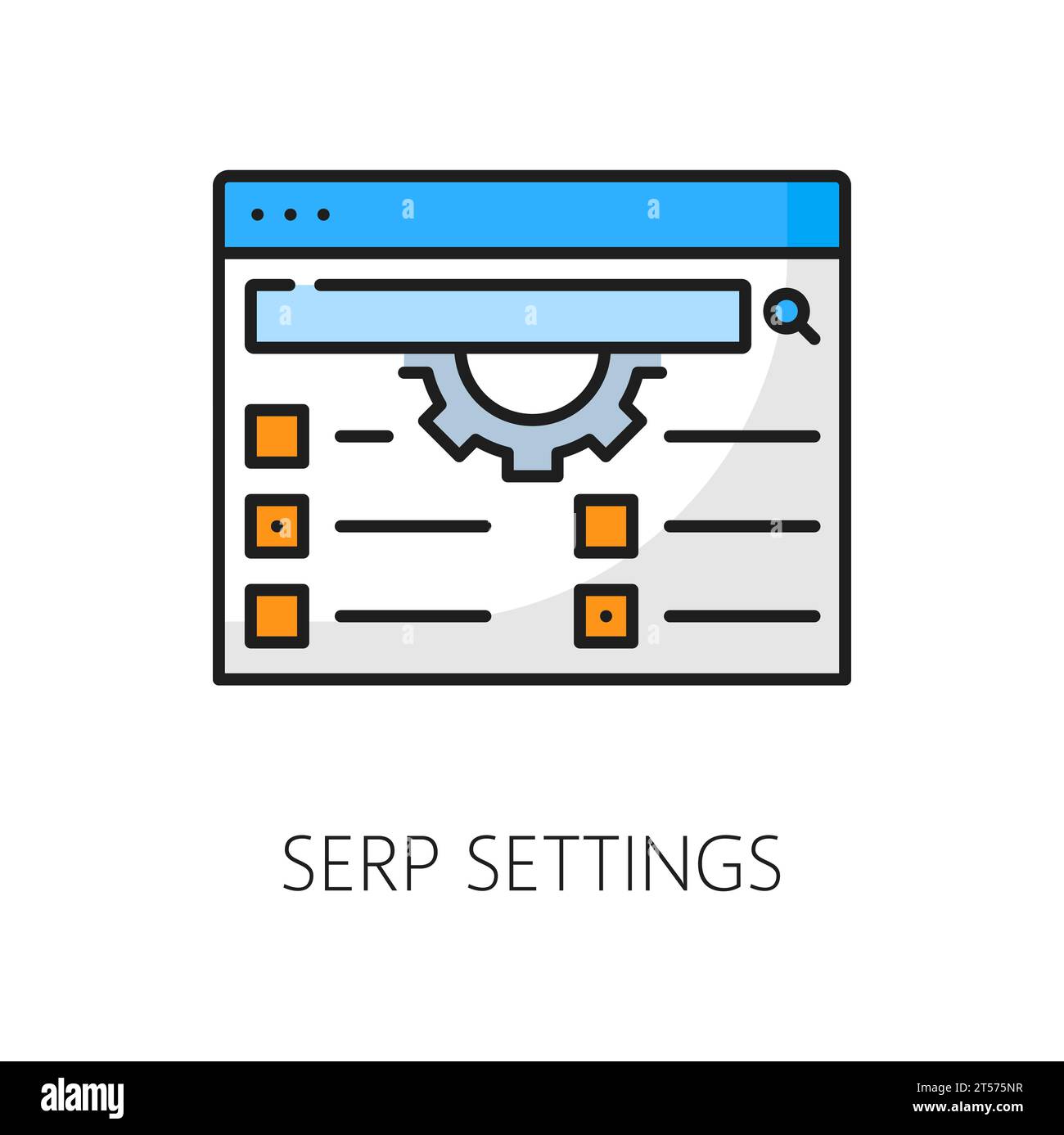 SERP-Einstellungen Symbol für Suchergebnisseite, Optimierung von Webmarketing und Internetwerbung, Linienvektor. SERP-Einstellungen Piktogramm des Bedienfelds der Benutzerwebsite für die Verwaltung digitaler Medien Stock Vektor