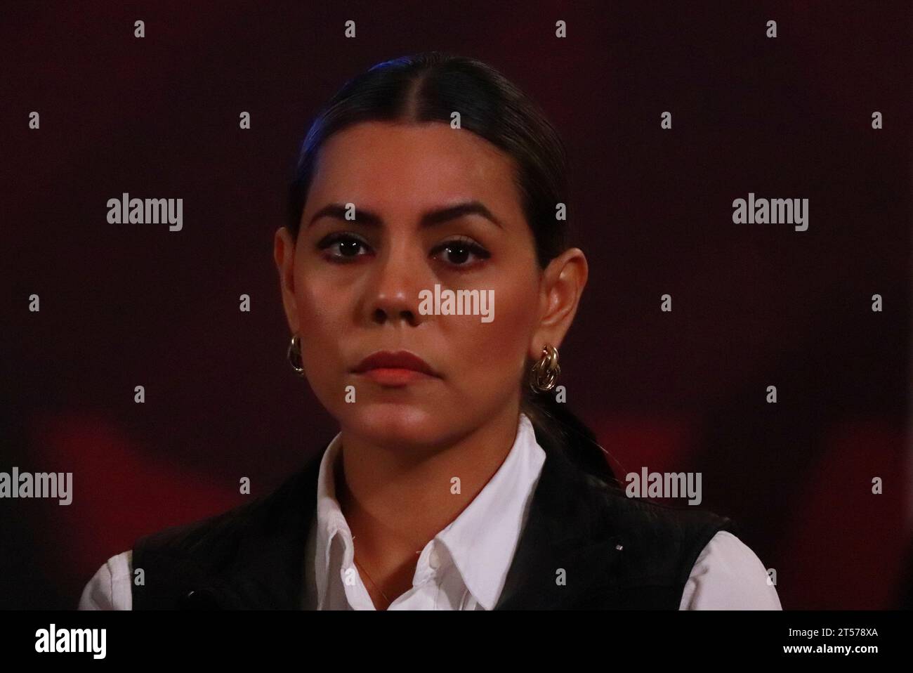 Mexiko-Stadt, Mexiko. November 2023. 1. November 2023 in Mexiko-Stadt: Evelyn Salgado Pineda, Gouverneur des Staates Guerrero, spricht während der Briefing-Konferenz von Andres Manuel Lopez Obrador vor Reportern im Nationalpalast. Am 1. November 2023 in Mexiko-Stadt. (Foto: Carlos Santiago/Eyepix Group/SIPA USA) Credit: SIPA USA/Alamy Live News Stockfoto