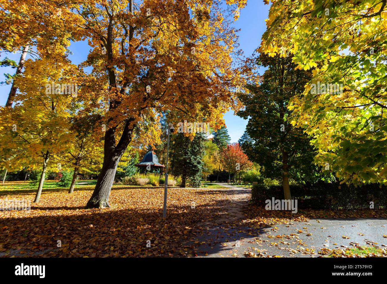 Stadtpark in Cesky Krumlov an einem Herbsttag Stockfoto