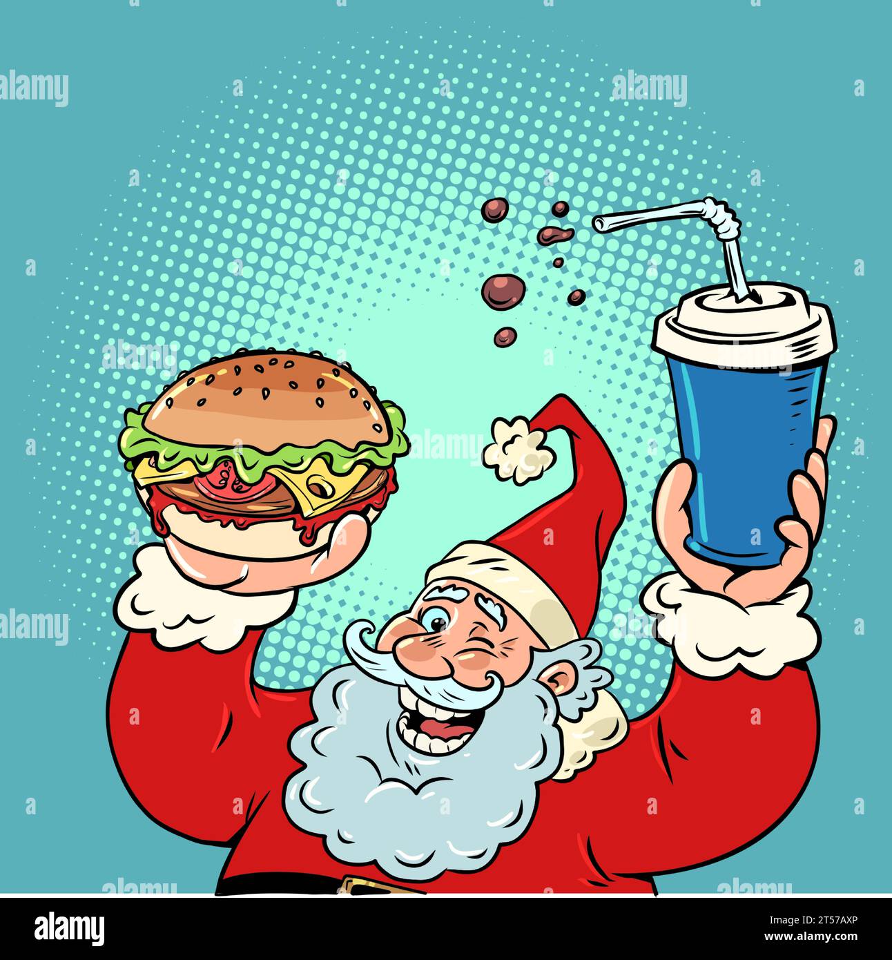 Santa Claus und Fast Food. Köstliches Essen für Neujahrsfeiern. Ermäßigungen im Restaurant am Vorabend des Urlaubs. Comic-Comic-Pop-Art-Retro Stock Vektor