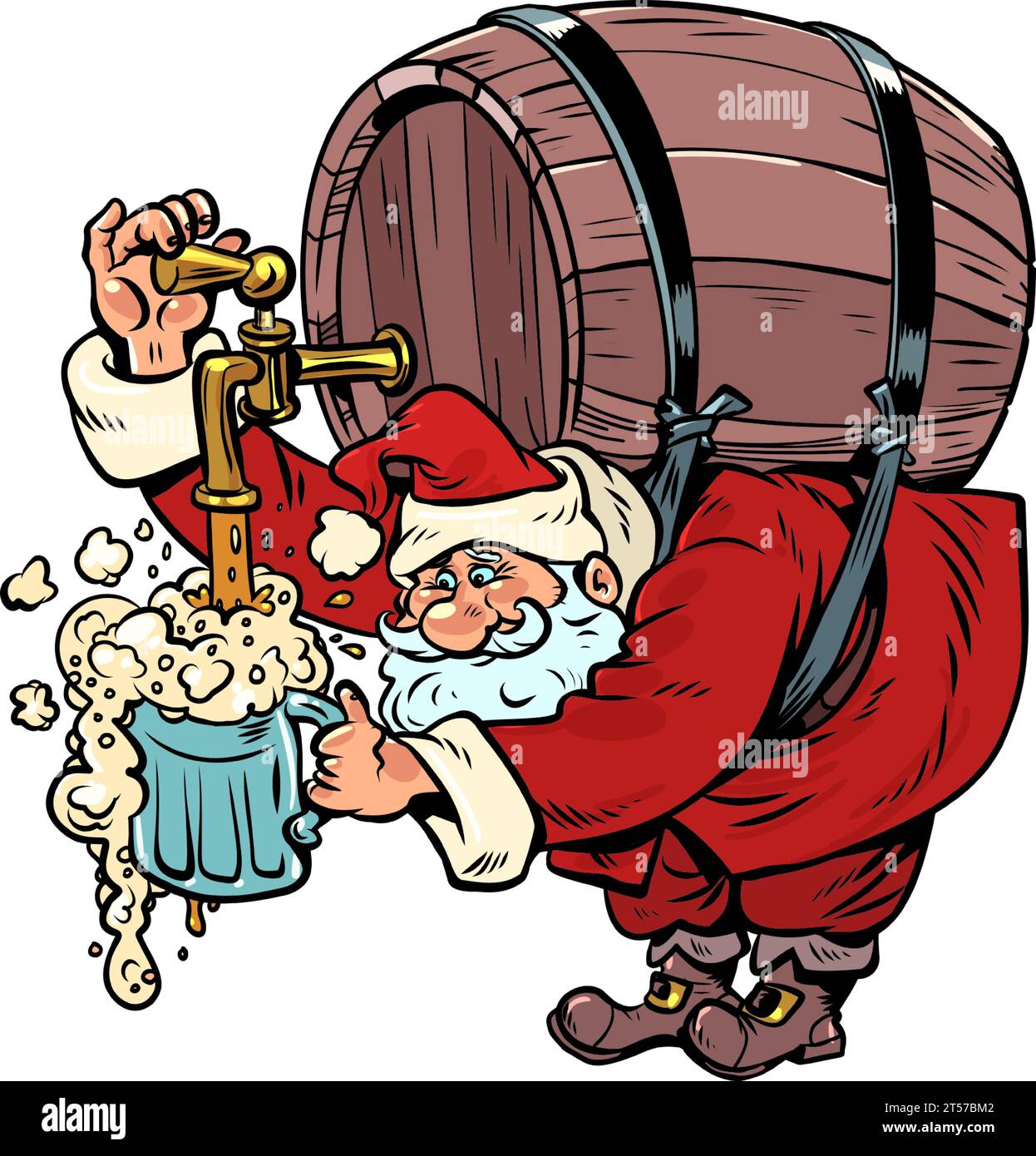 Saisonale alkoholische Getränke für den Winter. Der Weihnachtsmann gießt sich ein Glas Bier oder Bier mit Schaum aus einem Fass. Weihnachtsfeier in einer Bar oder einem Pub. Stock Vektor