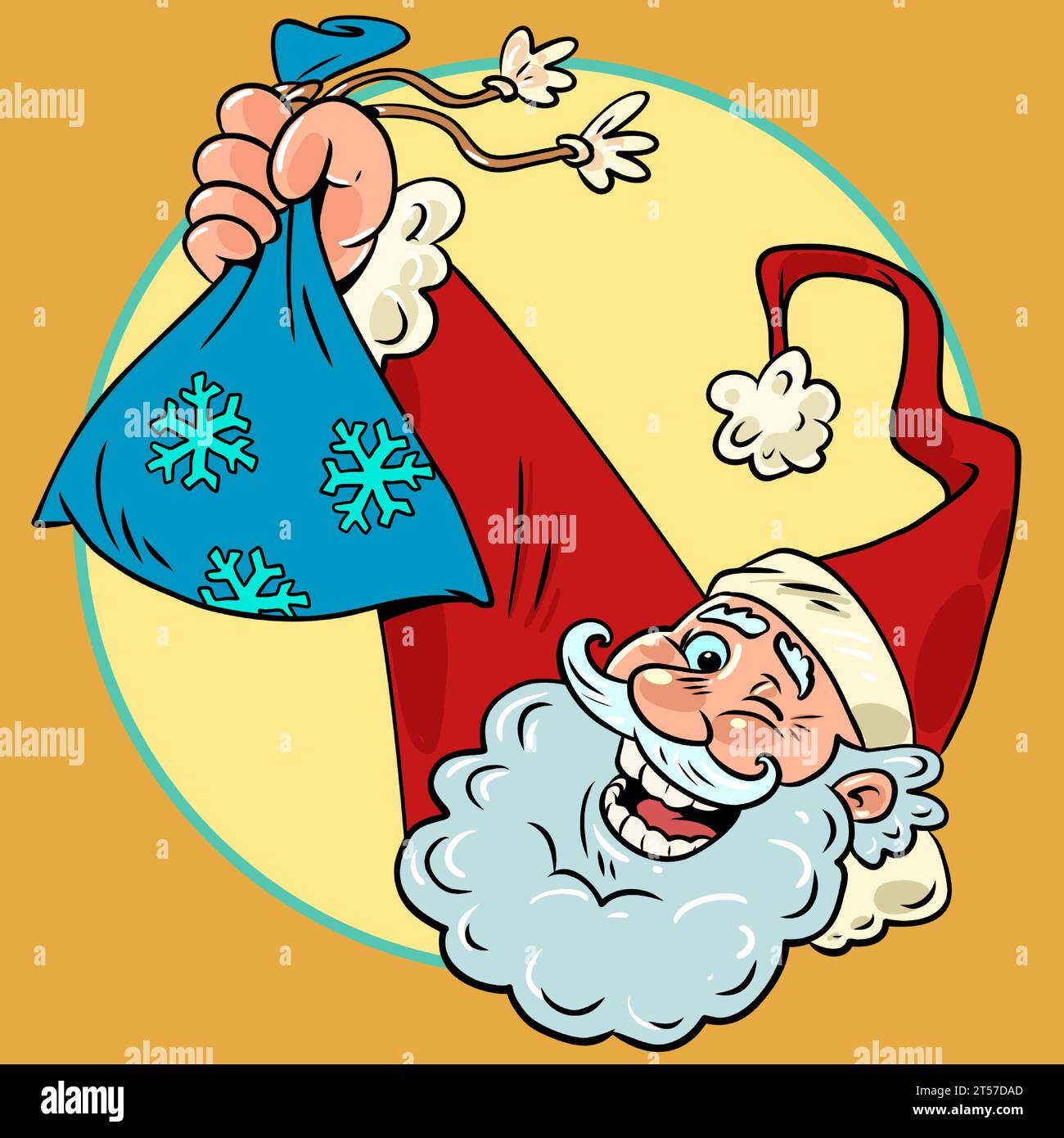 Geschenke für den saisonalen Feiertag. Rabatte für das kommende neue Jahr. Der weihnachtsmann hält eine Tasche in der Hand. Comic Comic Comic Pop Art Retro Vektor illu Stock Vektor