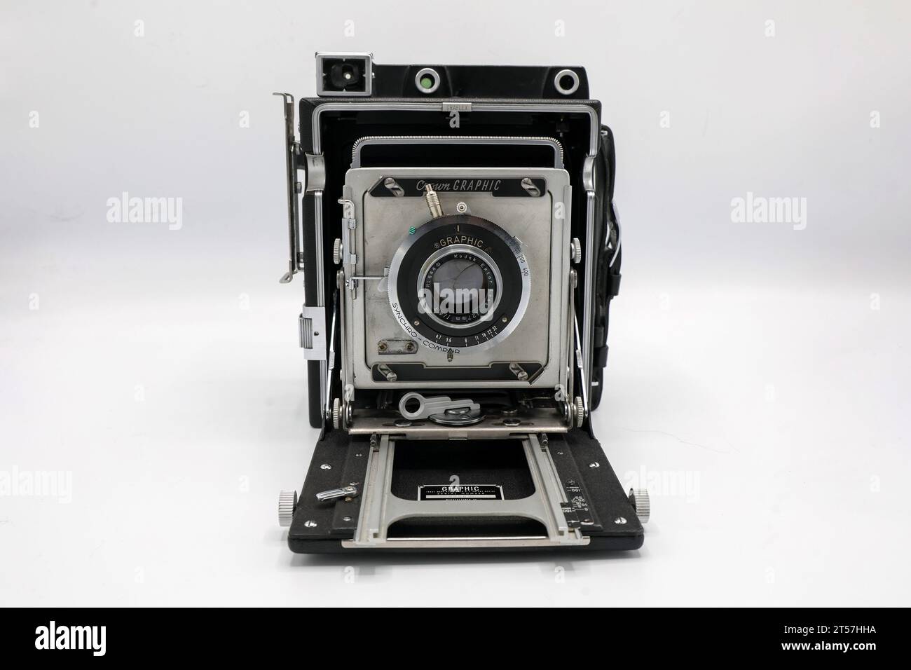 Eine Crown Graphic 4x5-Filmkamera, die von professionellen Fotografen und Pressefotografen von 1940 bis 60 verwendet wurde. Stockfoto