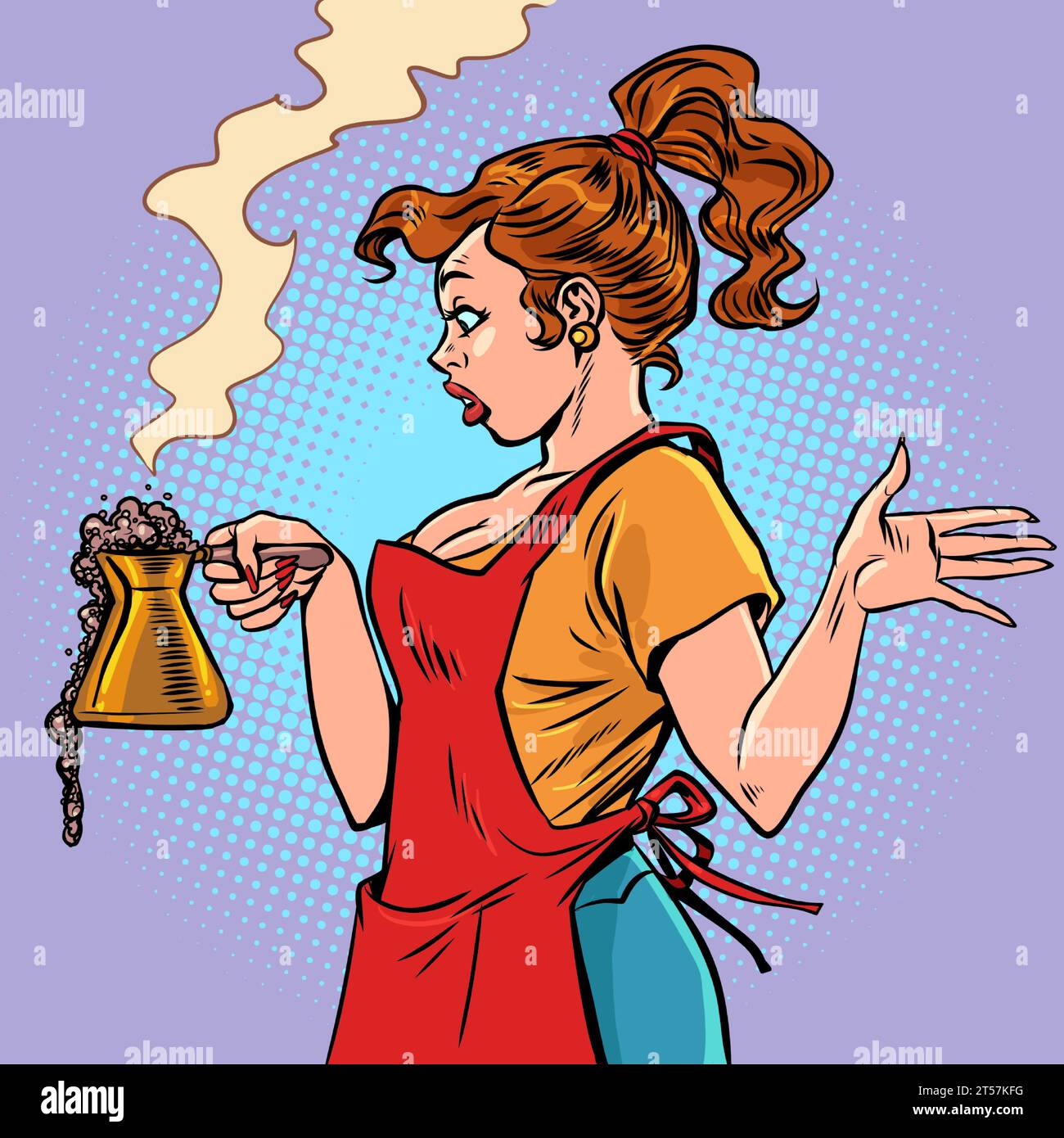 Der Fastfood-Barista ist verwirrt über das, was passiert. Ein Mädchen in einer Schürze bereitet Kaffee zu. Der Kaffee ging während des Brühens aus. Comic-Comic-Pop-Art Re Stock Vektor