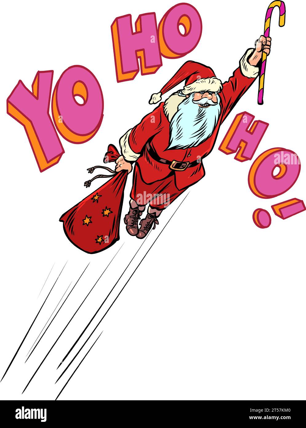 Das kommende Weihnachten rückt immer näher. Der Weihnachtsmann fliegt durch den Himmel zwischen den Sternen wie ein Superheld. Lieferung von Geschenken rund um den Arbeitsauftrag Stock Vektor