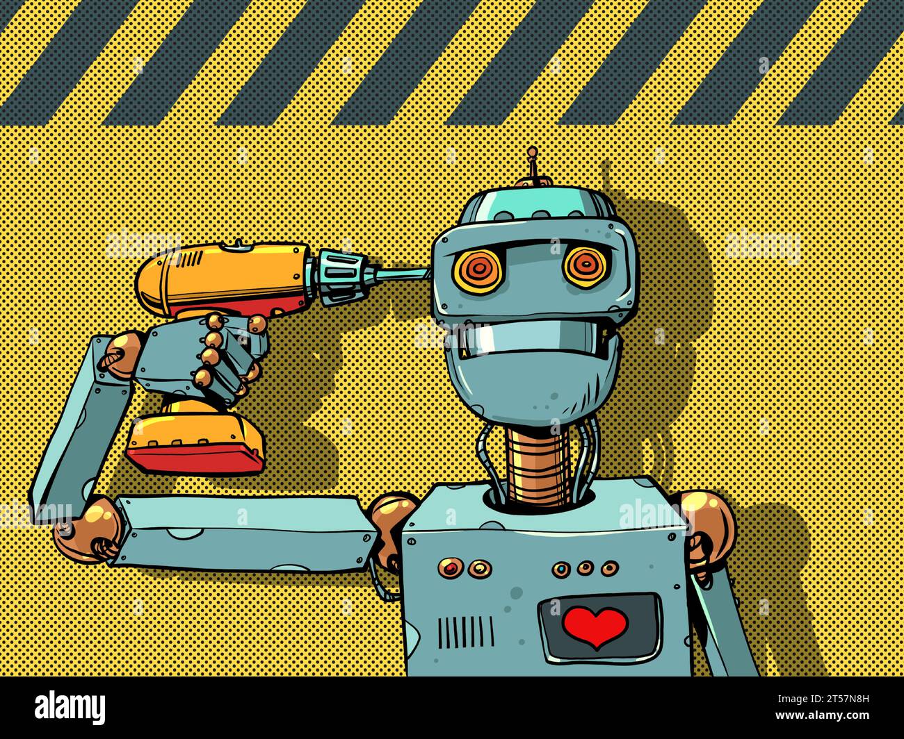 Eigenentwicklung von Robotern und ihren Systemen. Schaden durch künstliche Intelligenz für sich selbst. Ein klassischer Roboter mit Herz hat ihm einen Bohrer an den Kopf gesetzt. Comic c Stock Vektor Eigenentwicklung von Robotern und ihren Systemen. Schaden durch künstliche Intelligenz für sich selbst. Ein klassischer Roboter mit Herz hat ihm einen Bohrer an den Kopf gesetzt. Comic c Stock Vektor