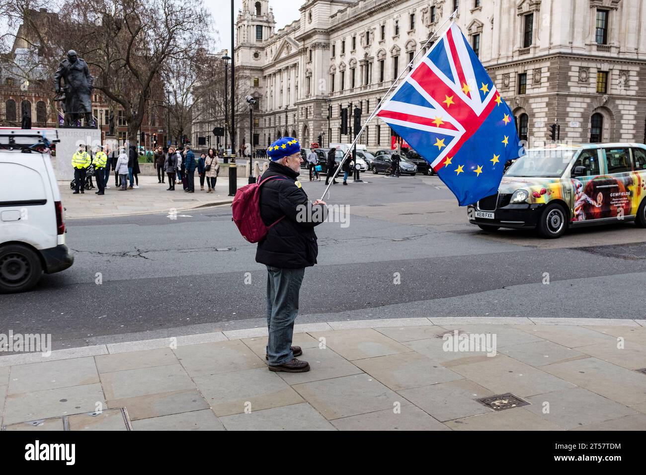 Ein Anti-Brexit-Pro-EU-Demonstrant auf dem Parliament Square Westminster, 2019 Stockfoto