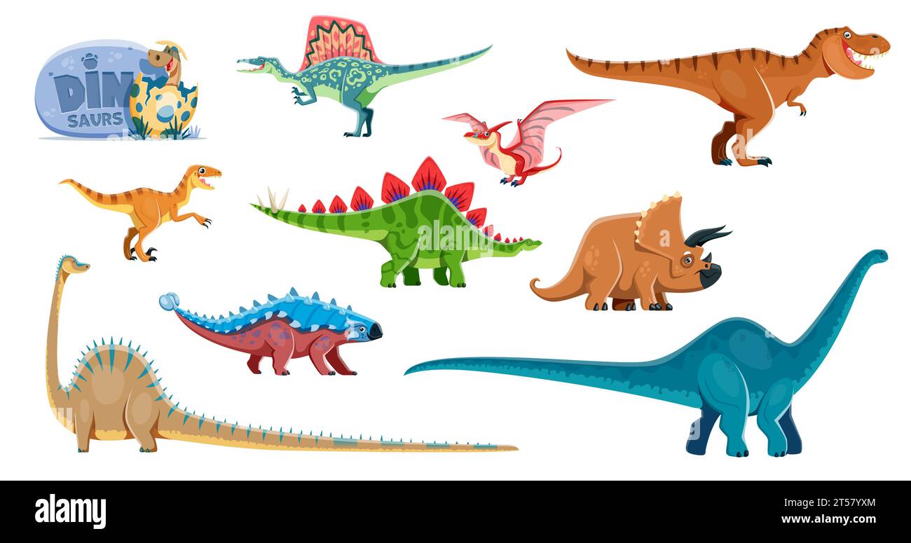 Komische Dinosaurier-Cartoon-Persönlichkeiten. Spinosaurus, Tyrannosaur, Velociraptor und Stegosaurus, Triceratops, Diplodocus, Brontosaurus und Pterodactyl, Ankylosaurus Dinosaurier Vektor-komische Charaktere Stock Vektor