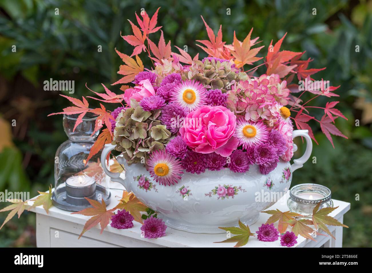 Blumenanordnung aus rosa Rosen, Hortensie, Chrysanthemen und Ahornblättern in Vintage-Suppe-Tureen Stockfoto