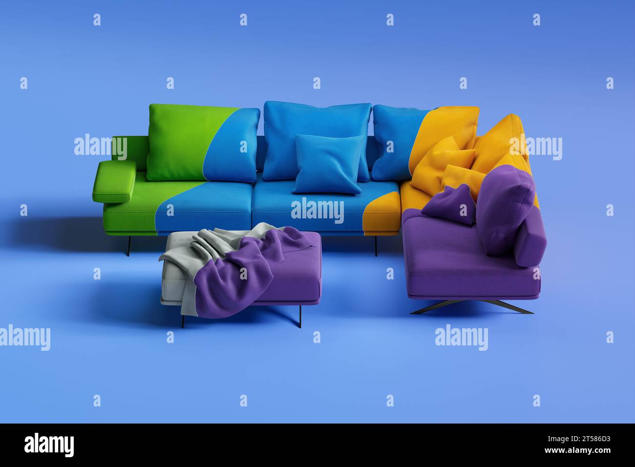 Individuelle Möblierung mit verschiedenen Mustern und Farben. Personalisieren Sie Ihren Raum mit einzigartigen und stilvollen Möbelstücken, die Ihre individuellen Bedürfnisse widerspiegeln Stockfoto