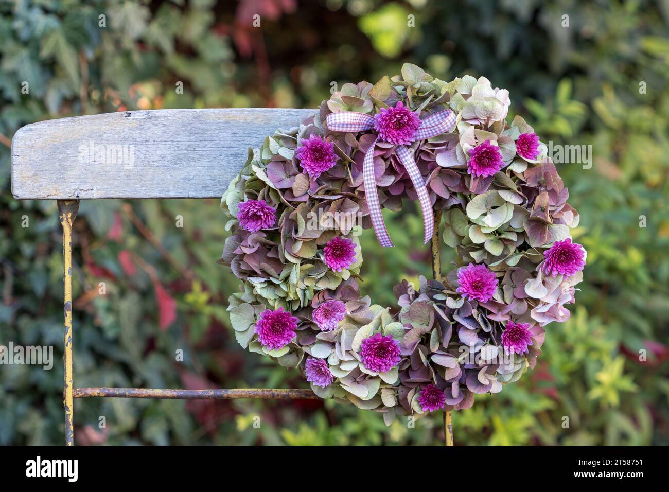 Kranz aus Hortensie-Blüten und Chrysanthemen, die auf dem Gartenstuhl hängen Stockfoto