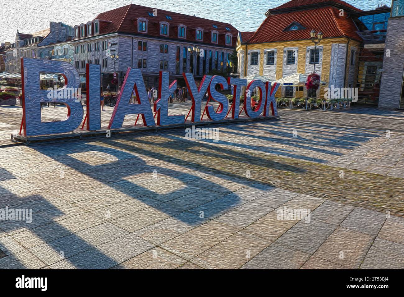 Schreiben Bialystok mit großen Buchstaben auf dem Hauptplatz der Altstadt von Bialystok, Bild mit Ölmalerei Stockfoto