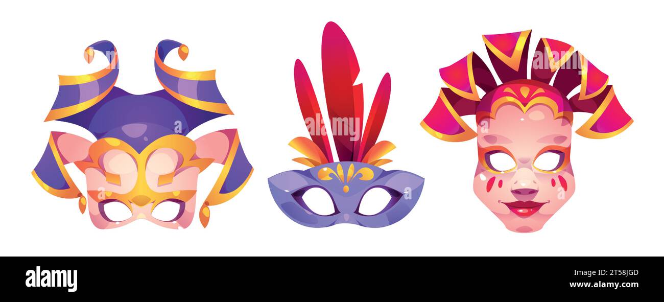 Karnevalsmasken für eine Maskenshow oder ein Festival. Cartoon Vektor Kostümteile Set für Gesicht Camouflage mit Federn und Ornamenten. Traditionelles Theater oder Mardi Gras-Partyverkleidung. Stock Vektor