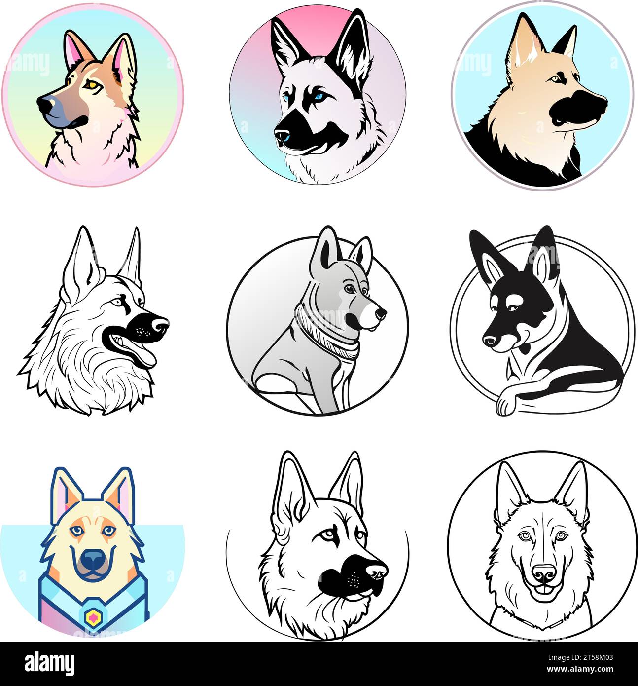 Grafik illustrierter Hund Deutscher Schäferhund Elsässer Haustier Porträt Set flache grafische Illustration Vektor Stock Vektor