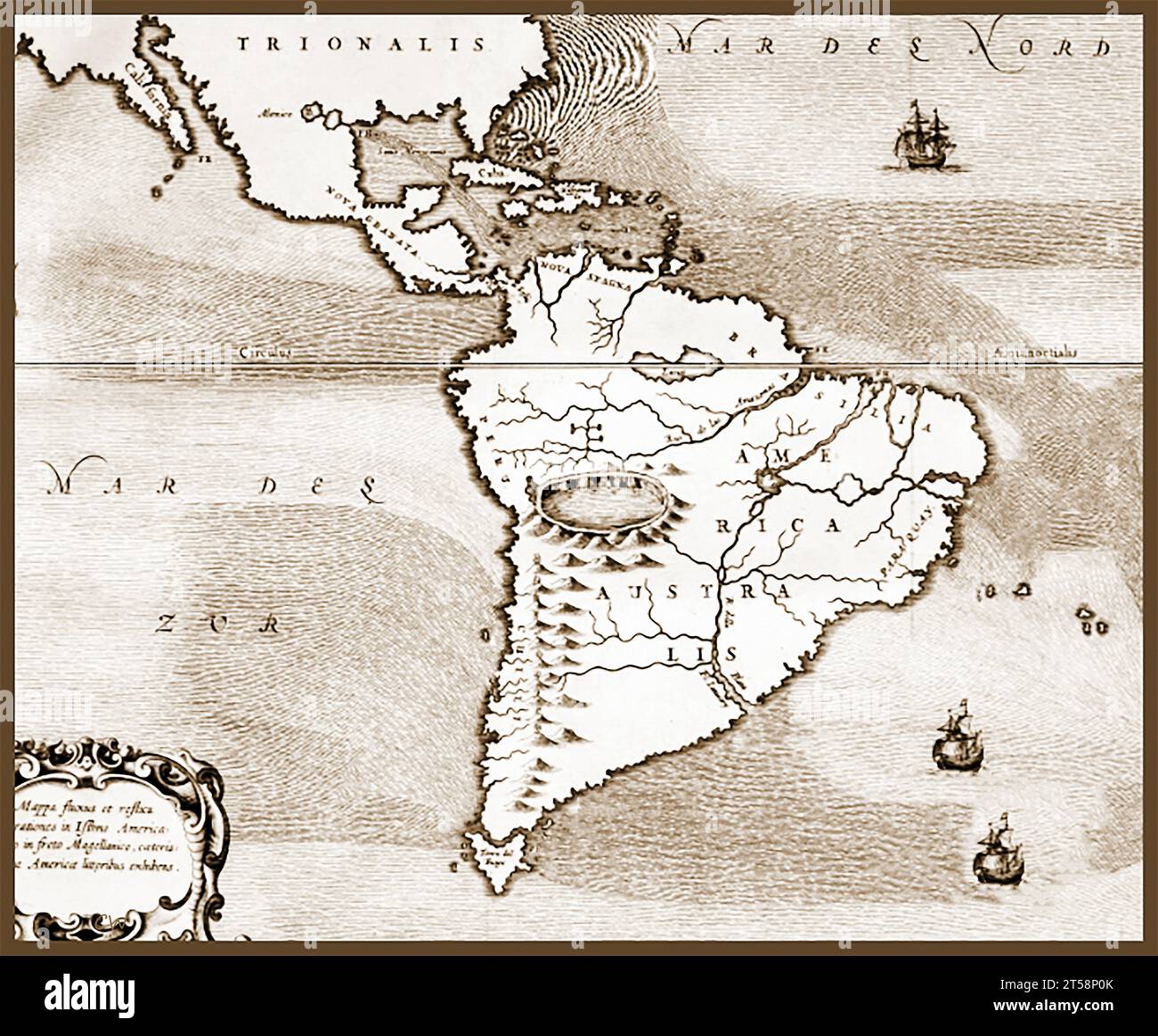 Eine Karte aus dem 17. Jahrhundert (1665) von Nord- und Südamerika - UN mapa del siglo XVII (1665) de América del Norte y del Sur. -Um mapa do século XVII (1665) da América do Norte e do Sul - Une carte du XVIIe siècle (1665) de l'Amérique du Nord et du Sud - eine Karte von Nord- und Südamerika aus dem 17. Jahrhundert (1665) - Stockfoto