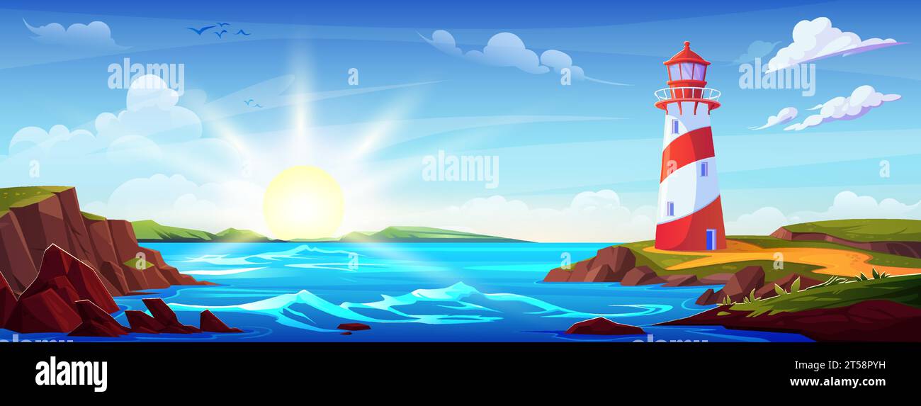 Leuchtturm an der Küste in der Insellandschaft Vektorillustration. Beacon Gebäude auf einer Klippe in der Nähe des Meerwassers am Morgen. Ruhiges nautisches Sommerdesign mit Leuchtturm, Möwe und grünem Gras. Stock Vektor