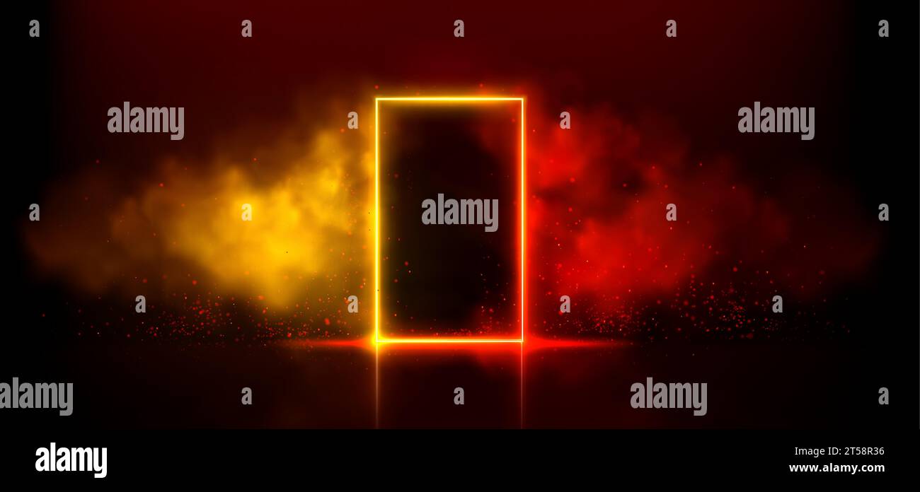 Neonlichttür auf schwarzem Hintergrund. Realistische Vektor-Illustration des rechteckigen Rahmenportals auf der Nachtclub-Bühne mit rotem, orangefarbenem, gelbem Rauch, Reflexion auf dem Boden, funkelnde Partikel, die in der Luft leuchten Stock Vektor