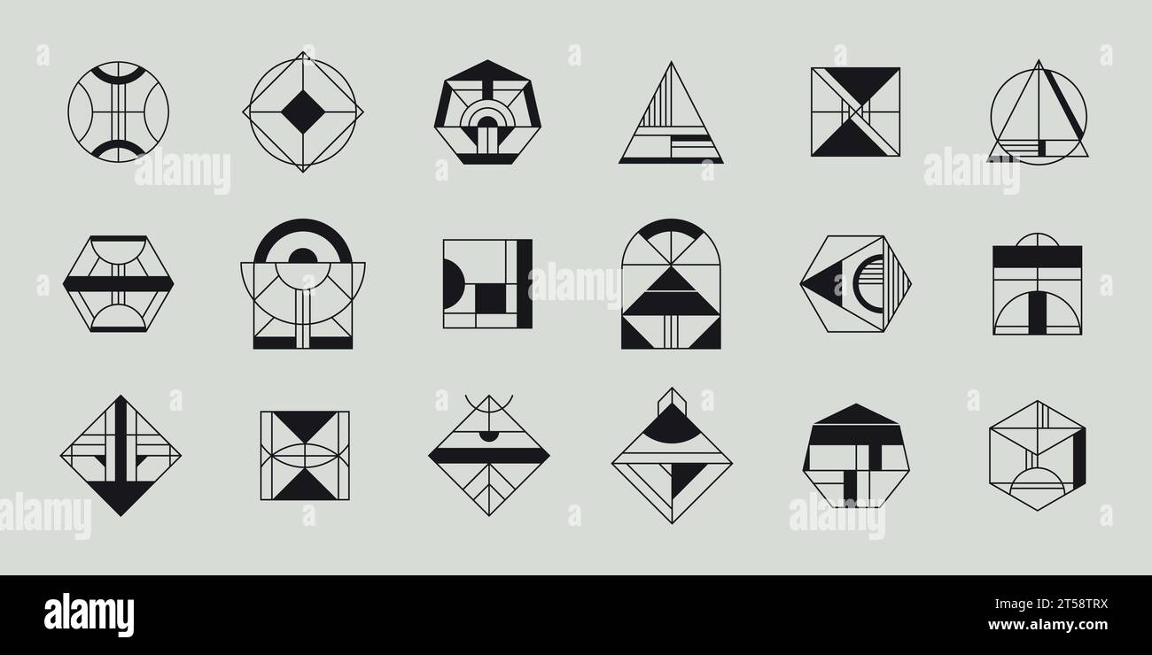 Vektorsatz mit Logos in geometrischer Form, Hipster- und Art-Deco-Linienzeichen. Minimale Schilder, Designelemente, Bögen, Kreise und Sechsecke Stock Vektor