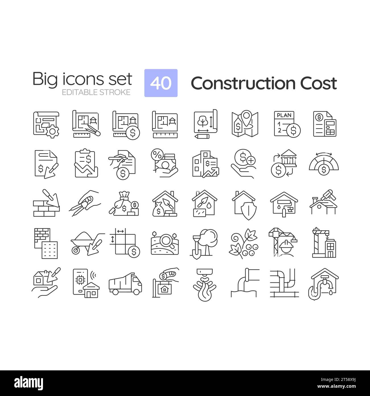 Anpassbare Symbole mit großen schwarzen Linien für die Baukosten Stock Vektor